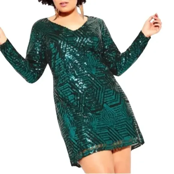 City Chic Plus Size Bright Lights Mini Dress - Emerald